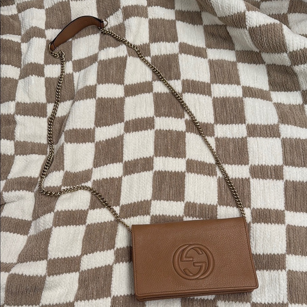 GUCCI OUTLET Tan Leather Chain Shoulder Bag